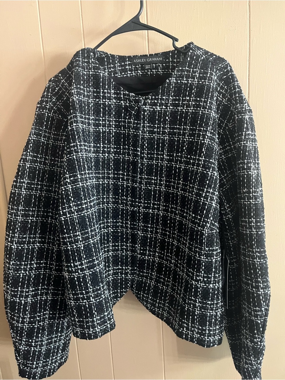 Ashley Graham Black and White Tweed Plaid Jacket